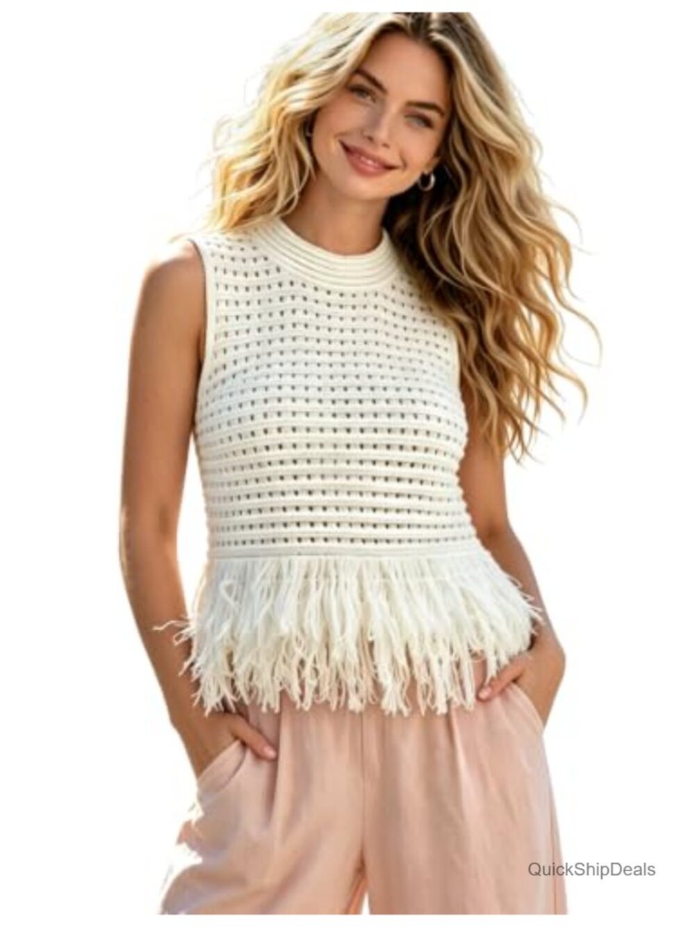 Crochet Fringe Sweater Vest Top Sleeveless Crew Neck Open Knit Crop Boho
